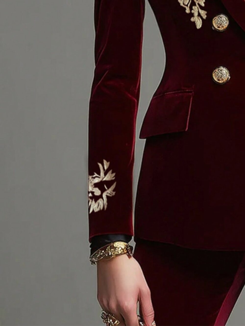 Burgundy Casual Women's Blazer Jacket, Gold Embroidery, Double-Breasted - Picture 4 of 4